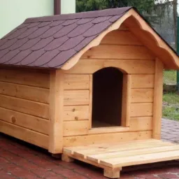 Drewniana buda dla psa z brązowym dachem z gontów bitumicznych, ustawiona na ceglanym podłożu, z małym tarasem przed wejściem.