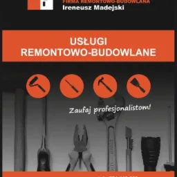 Ulotka reklamowa firmy remontowo-budowlanej IR-BUD z logo, hasłem 'Zaufaj profesjonalistom!' i ikonami narzędzi: wałka do malowania, śrubokrętu, młotka i szpachelki.