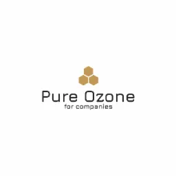 Logo firmy Pure Ozone dla firm, przedstawiające trzy połączone heksagony w kolorze złotym nad czarnym napisem 'Pure Ozone' i mniejszym napisem 'for companies'.
