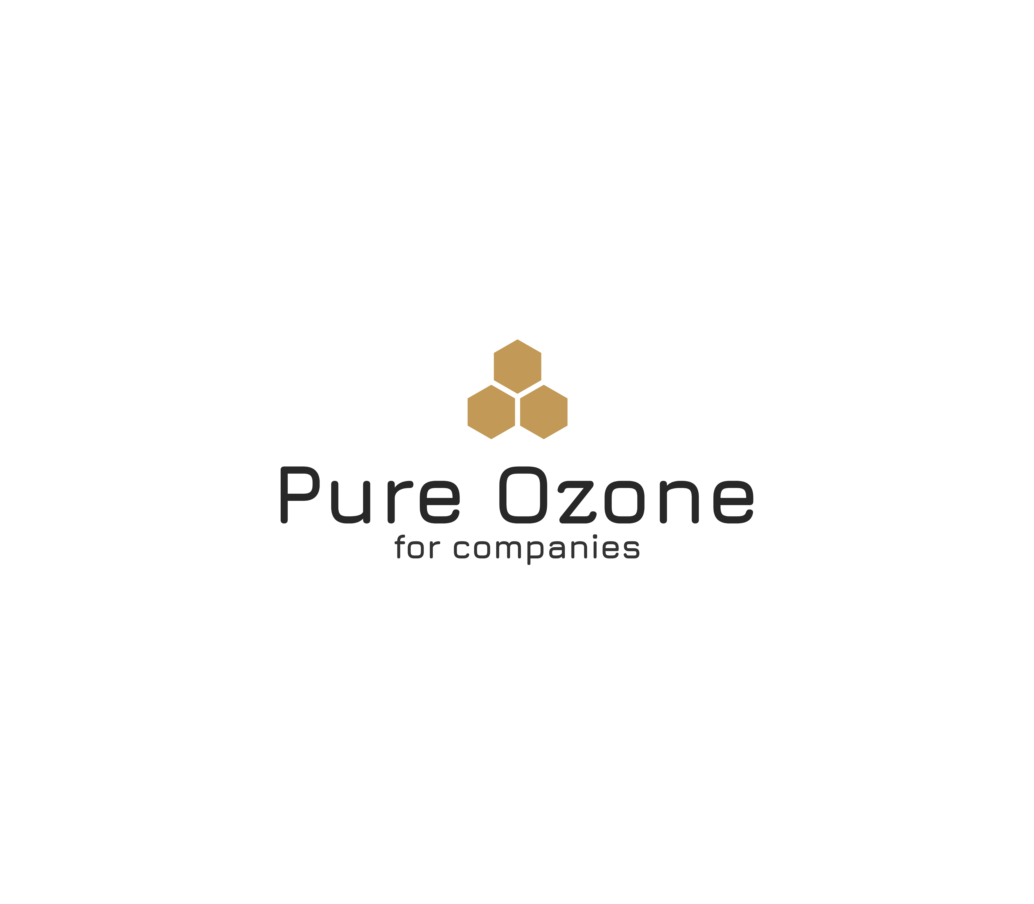 Logo firmy Pure Ozone dla firm, przedstawiające trzy połączone heksagony w kolorze złotym nad czarnym napisem 'Pure Ozone' i mniejszym napisem 'for companies'.