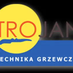 Logo firmy Trojan Technika Grzewcza na czarnym tle, z żółtym okręgiem i niebieskim prostokątem, stylizowane litery w kolorze czerwonym i brązowym.
