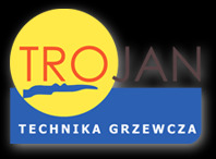 Logo firmy Trojan Technika Grzewcza na czarnym tle, z żółtym okręgiem i niebieskim prostokątem, stylizowane litery w kolorze czerwonym i brązowym.