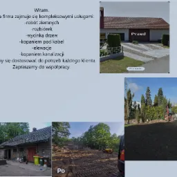 Kompozycja zdjęć 'przed' i 'po' zrealizowanych prac ziemnych: widok domu przed remontem z nowym podjazdem, budynek gospodarczy przed i po rozbiórce oraz teren po wyrównaniu z małą koparką.
