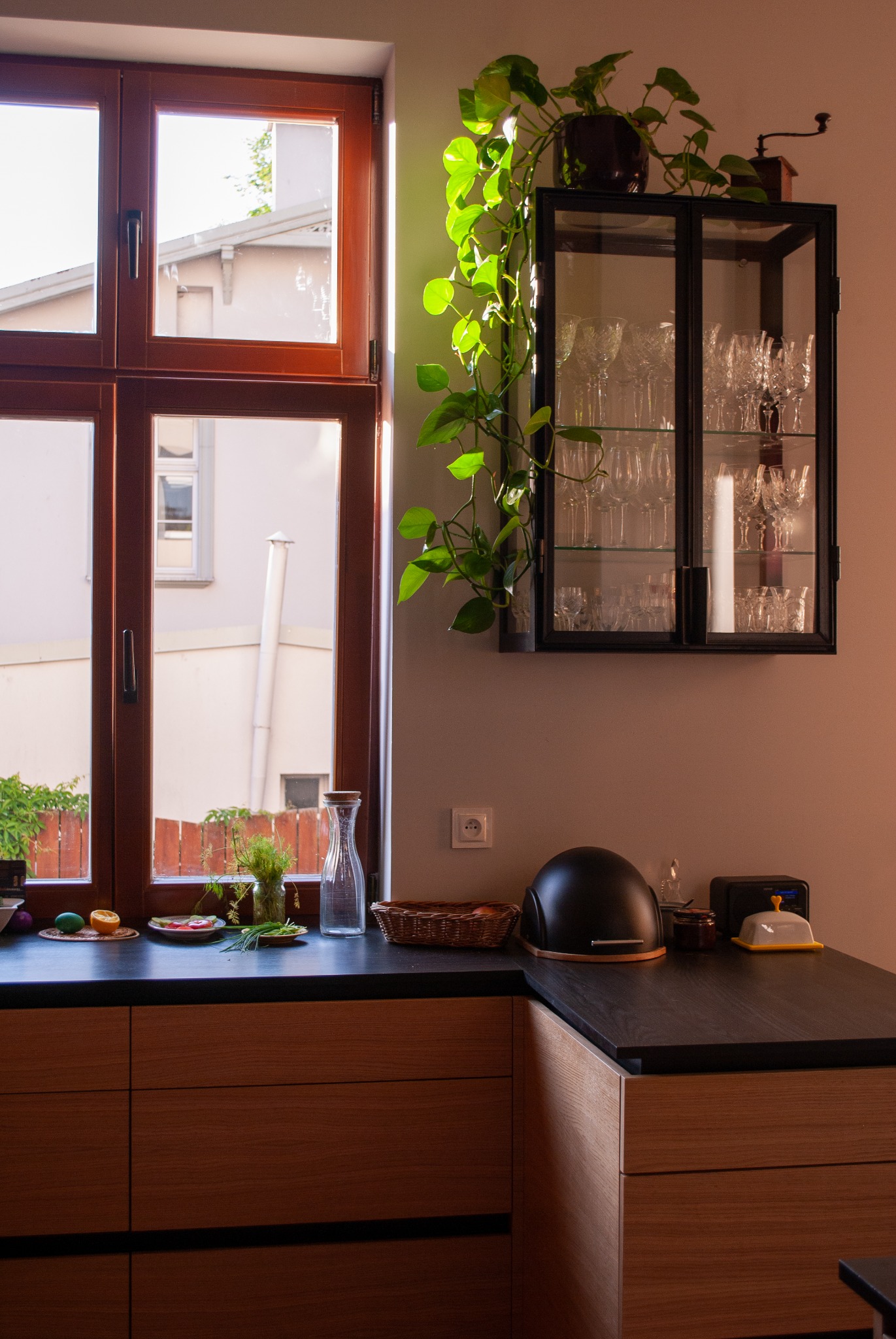Kuchnia z drewnianymi szafkami i czarnym blatem, dekorowana roślinami, kryształowym szkłem w witrynie i akcesoriami.