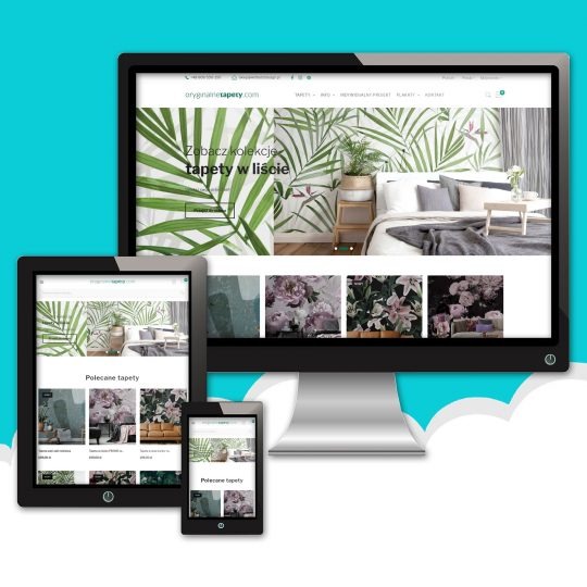 Responsywna strona internetowa sklepu z tapetami oryginalnetapety.com wyświetlana na monitorze, tablecie i smartfonie, prezentująca kolekcję tapet w liście.