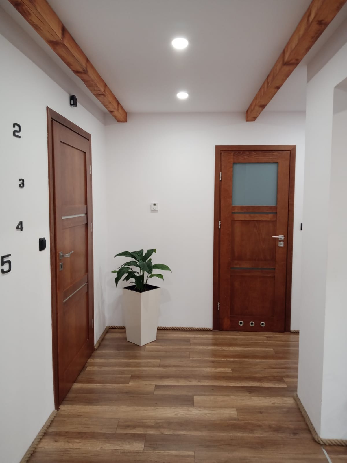 Wnętrze przedpokoju z drewnianymi drzwiami, belkami stropowymi, panelami podłogowymi imitującymi drewno, białymi ścianami z czarnymi cyframi 2-5, rośliną doniczkową w białej donicy i listwą...