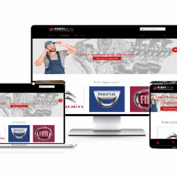 Responsywny sklep internetowy z częściami samochodowymi dla aut dostawczych, wyświetlony na monitorze, laptopie, tablecie i smartfonie, prezentujący spójny interfejs użytkownika na różnych...