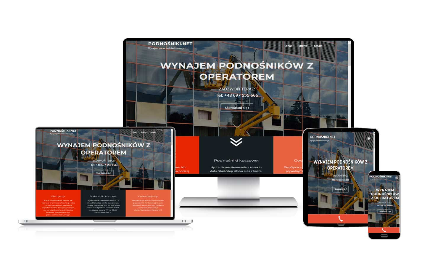 Responsywna strona internetowa na różnych urządzeniach (monitor, laptop, tablet, smartfon) prezentująca ofertę wynajmu podnośników koszowych z operatorem, z charakterystycznym pomarańczowo-czarnym...