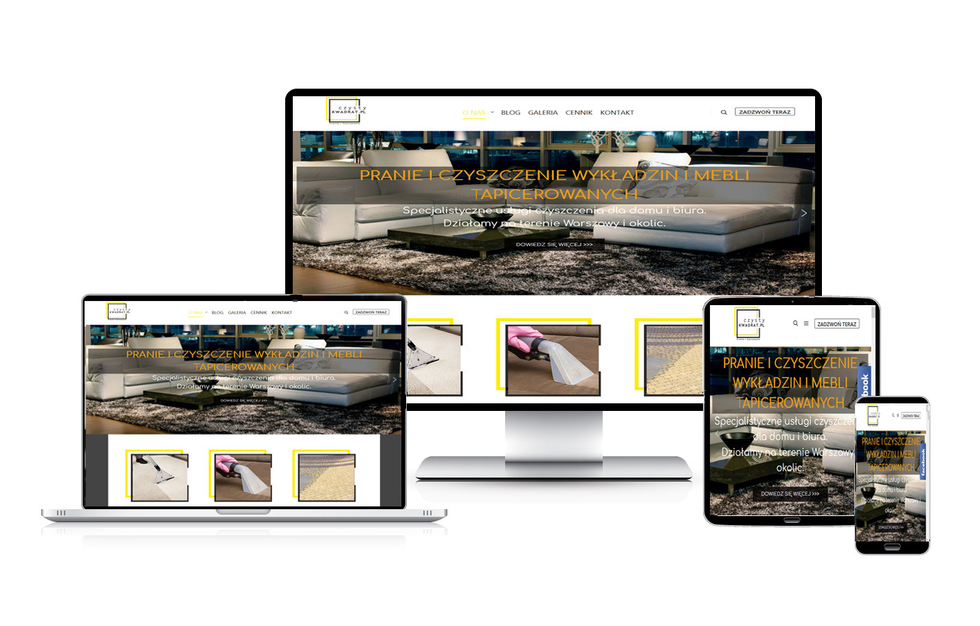 Prezentacja responsywnej strony internetowej na różnych urządzeniach (monitor, laptop, tablet i smartfon) z motywem prania i czyszczenia wykładzin i mebli tapicerowanych, pokazująca układ i treść...