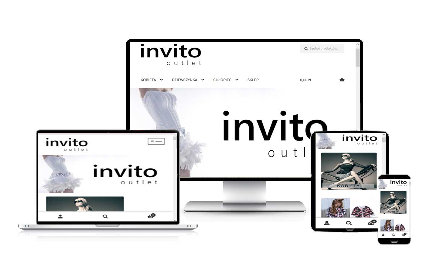 Responsywna strona sklepu internetowego 'invito outlet' wyświetlana na monitorze, laptopie, tablecie i smartfonie, prezentująca różne wersje interfejsu użytkownika dostosowane do rozmiaru ekranu.