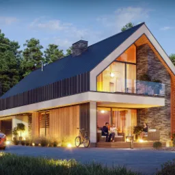 Dwukondygnacyjny dom jednorodzinny z płaskim dachem, wykończony kamieniem i drewnem, z dużymi przeszkleniami, oświetlony od zewnątrz, z dwiema osobami siedzącymi na tarasie i dwiema zaparkowanymi...