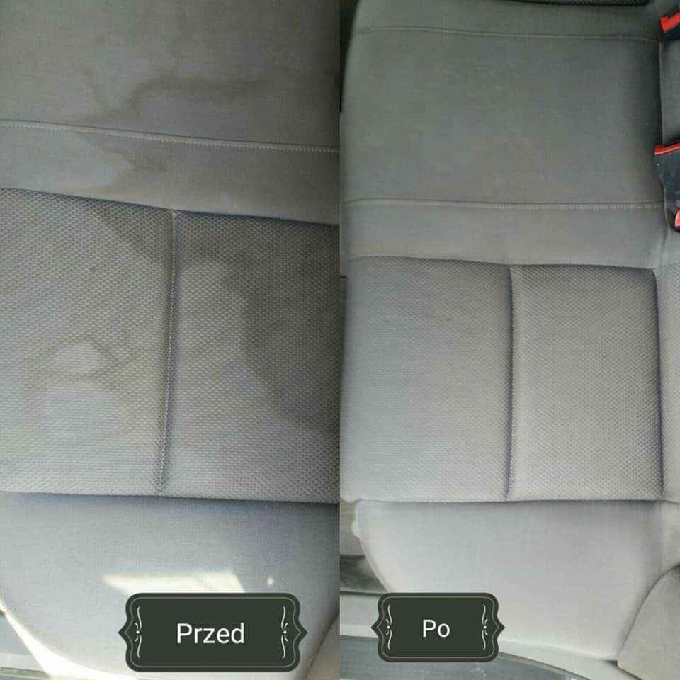 Tapicerka samochodowa: porównanie stanu przed i po czyszczeniu. Lewa strona z widocznymi plamami, prawa strona czysta i odświeżona.