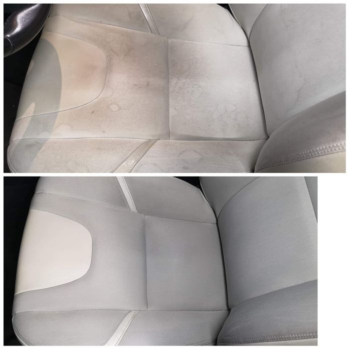 Porównanie: Górna część fotela samochodowego z widocznymi plamami i zabrudzeniami, dolna część tego samego fotela po czyszczeniu, ukazująca odświeżony, jasny kolor.