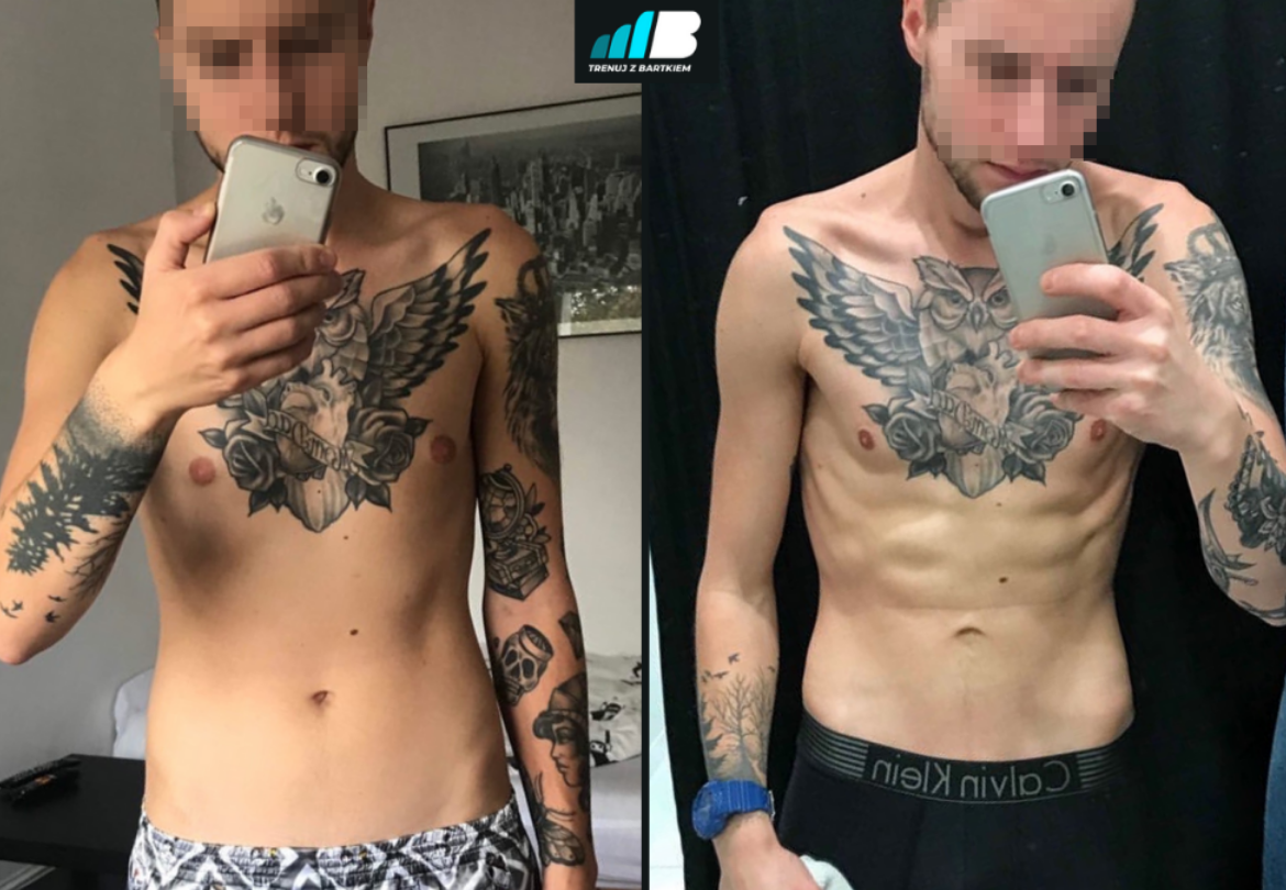 Mężczyzna z tatuażami prezentuje postępy w budowie sylwetki, porównanie zdjęcia przed i po treningu, widoczne zmiany w definicji mięśni brzucha.