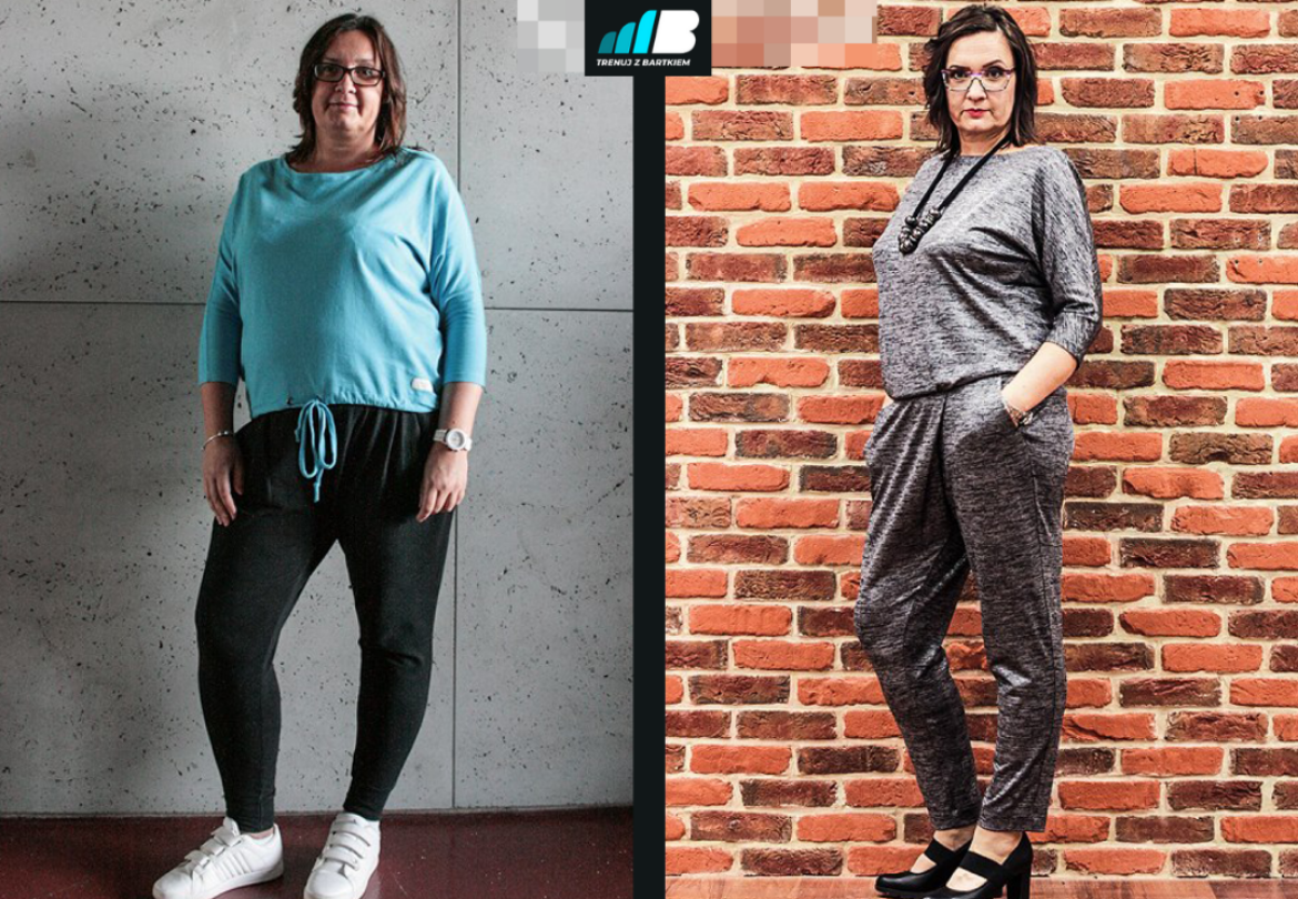 Zdjęcie przed i po metamorfozie sylwetki kobiety, prezentujące efekty treningu personalnego i diety, na tle betonowej ściany i ściany z czerwonej cegły.