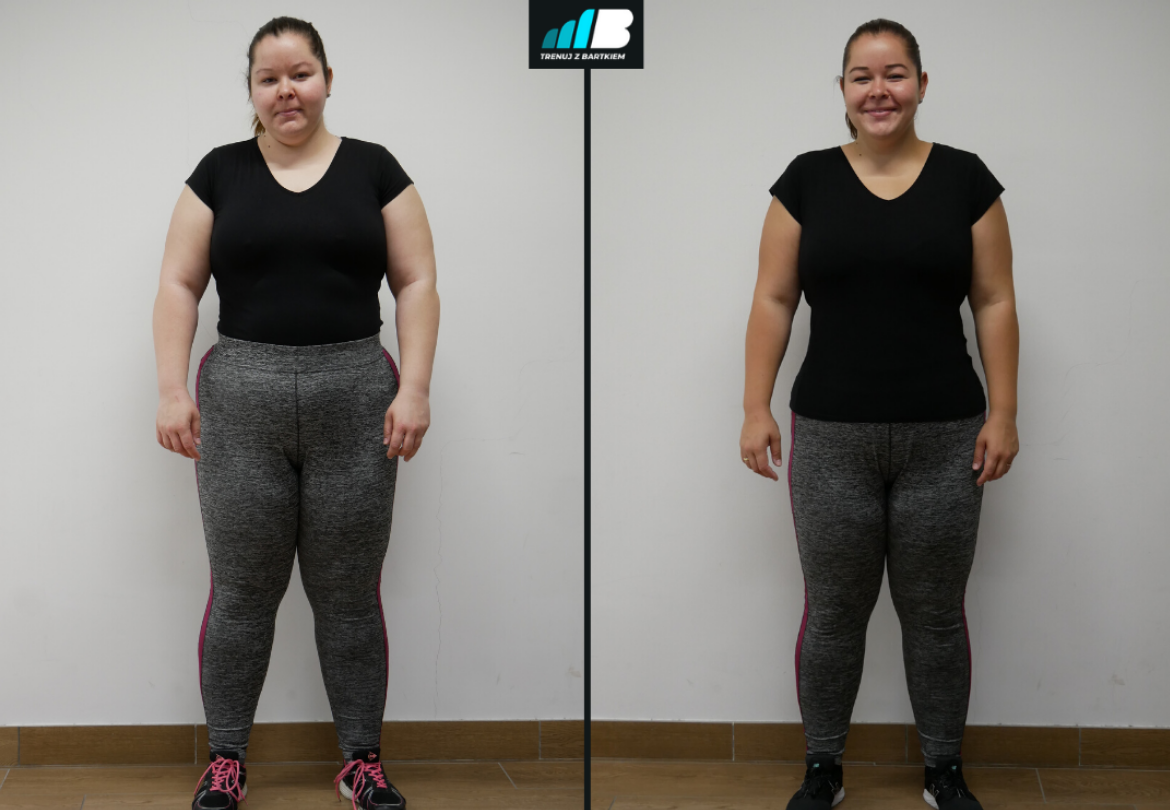 Kobieta w czarnej koszulce i szarych legginsach prezentująca swoją sylwetkę przed i po odchudzaniu, widoczna różnica w obwodzie ciała, logo 'Trenuj z Bartkiem' w górnej części zdjęcia.