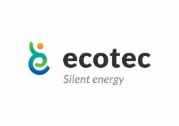 Logo firmy Ecotec z zielono-niebieskim symbolem i pomarańczowym akcentem, hasło 'Silent energy' pod nazwą.