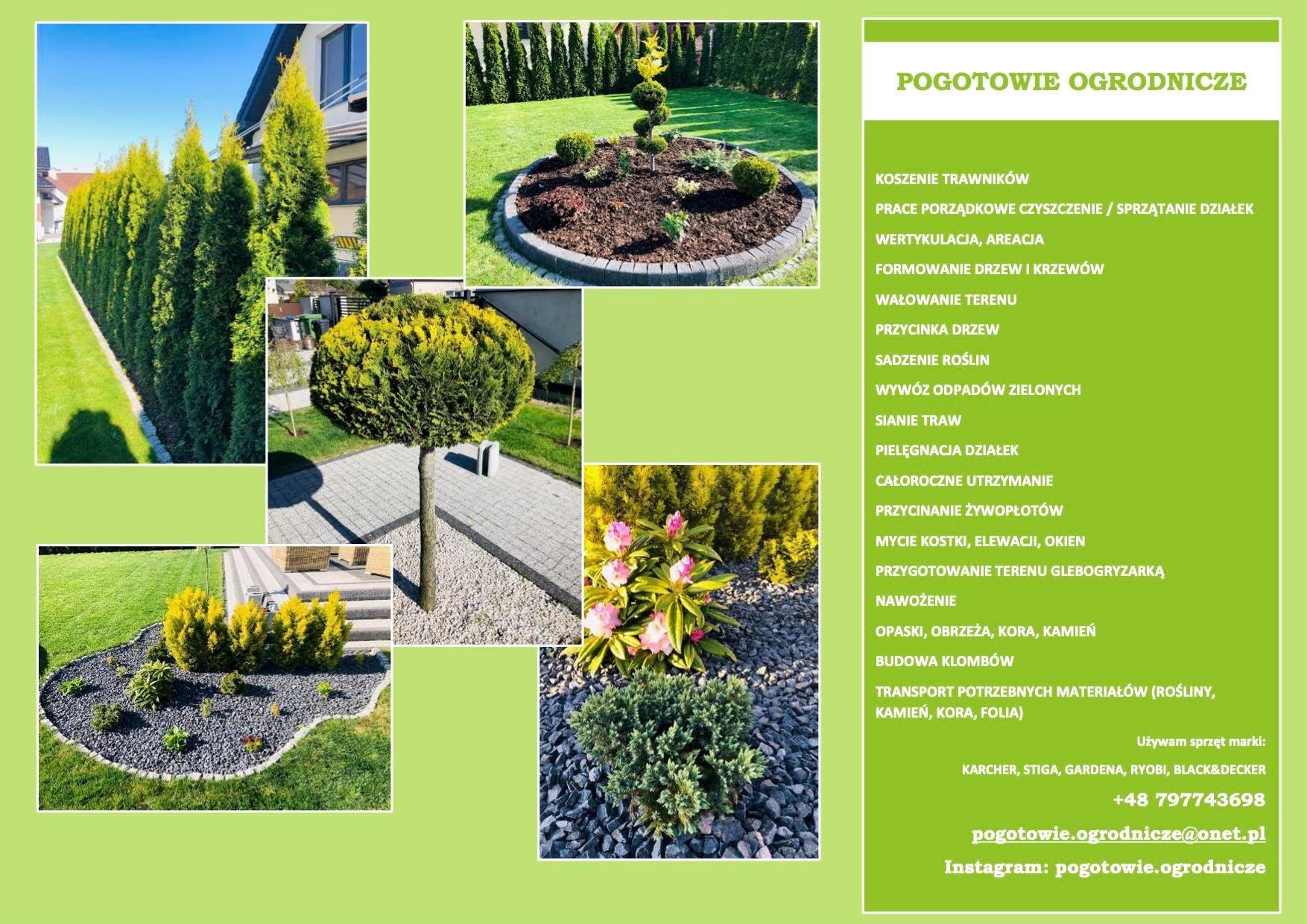 Kolaż zdjęć przedstawiający różnorodne aranżacje ogrodowe: szpaler tujowy, formowane krzewy, klomb z kamieniami, rabata z kwiatami, prezentacja usług firmy ogrodniczej Pogotowie Ogrodnicze.
