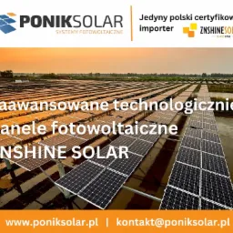 Rozległa farma paneli fotowoltaicznych ZNSHINE SOLAR o zmierzchu, z logo PONIK SOLAR w górnym lewym rogu i informacją o byciu jedynym polskim certyfikowanym importerem ZNSHINE SOLAR w prawym górnym...