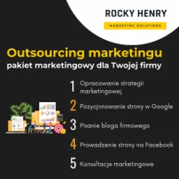 Grafika przedstawiająca ofertę outsourcingu marketingowego, z elementami ilustracyjnymi: zesp&oacute;ł ludzi przy stole analizujący dane, wykresy, smartfon, tablet, drzewko oraz tarcza strzelecka z monetą...