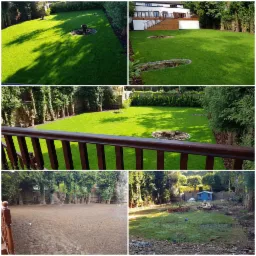 Seria zdjęć ukazująca transformację terenu: od przygotowanego podłoża i zarośniętej działki, po wypielęgnowany trawnik z wyznaczonymi miejscami na rośliny i dekoracje.