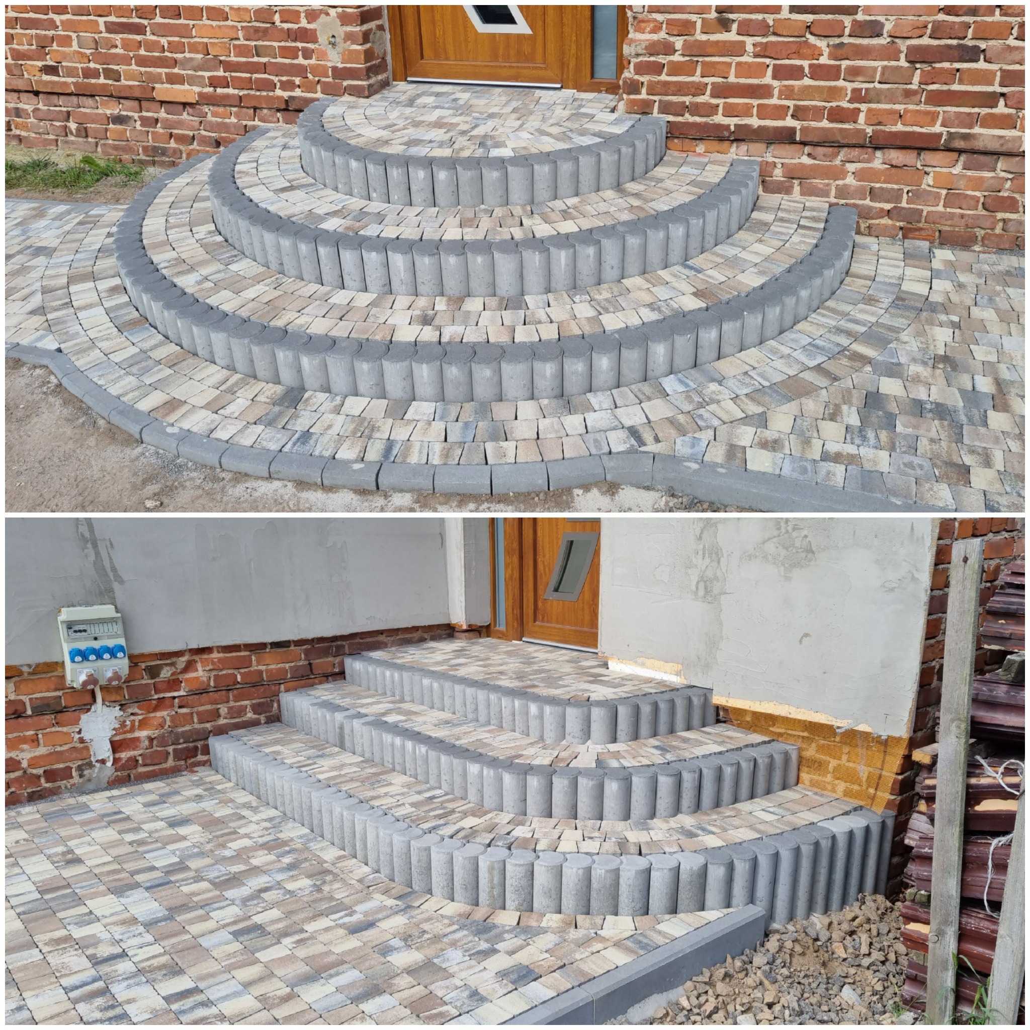 Schody wejściowe wyłożone kostką brukową w odcieniach beżu i szarości, z obrzeżami z betonowych palisad, prowadzące do drewnianych drzwi wejściowych w budynku z czerwonej cegły.