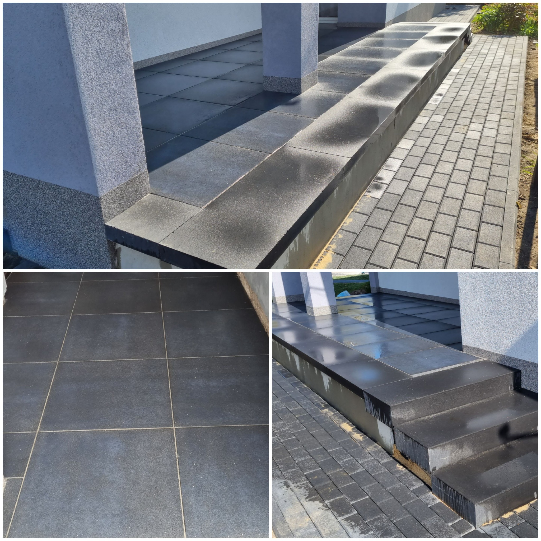 Ciemnoszara kostka brukowa na podjeździe i tarasie przed domem, z widocznymi schodami wejściowymi wykończonymi płytami kamiennymi o gładkiej fakturze, po świeżym deszczu.
