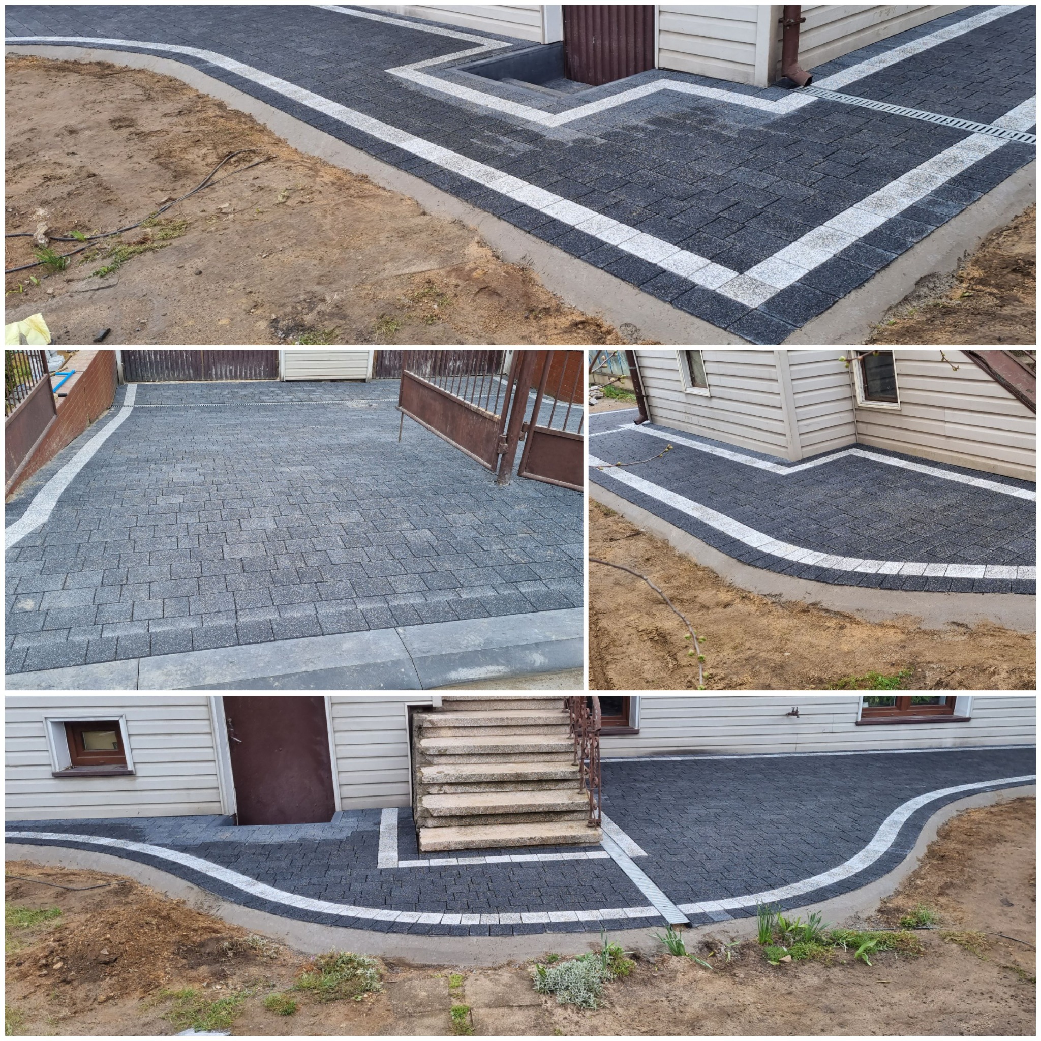 Kompozycja zdjęć przedstawiająca ułożoną, ciemnoszarą kostkę brukową z białymi obramowaniami, tworzącą ścieżki i podjazdy wokół domu z sidingiem.