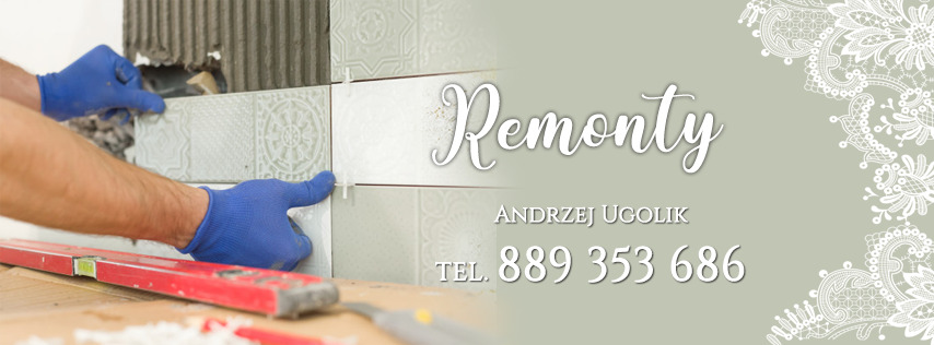 Montaż dekoracyjnych płytek ściennych w trakcie prac wykończeniowych, widoczny poziomica i narzędzia, w tle logo firmy remontowej z numerem telefonu.