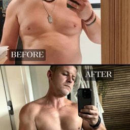 Novotel Fitness by HE - Mężczyzna przed i po treningu, ukazujący transformację sylwetki. Porównanie 'before' z 'after' prezentuje efekty ćwiczeń i zmianę w wyglądzie ciała.