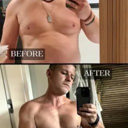 Mężczyzna przed i po treningu, ukazujący transformację sylwetki. Porównanie 'before' z 'after' prezentuje efekty ćwiczeń i zmianę w wyglądzie ciała.