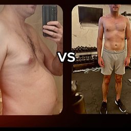 Novotel Fitness by HE - Mężczyzna prezentuje efekty treningu: zdjęcie 'przed' z boku i 'po' na tle siłowni. Widoczna zmiana sylwetki, redukcja tkanki tłuszczowej.