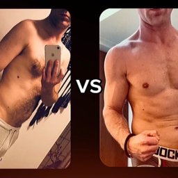 Novotel Fitness by HE - Mężczyzna przed i po treningu: po lewej stronie sylwetka przed, z telefonem w ręku, po prawej stronie widoczna poprawa muskulatury i redukcja tkanki tłuszczowej.