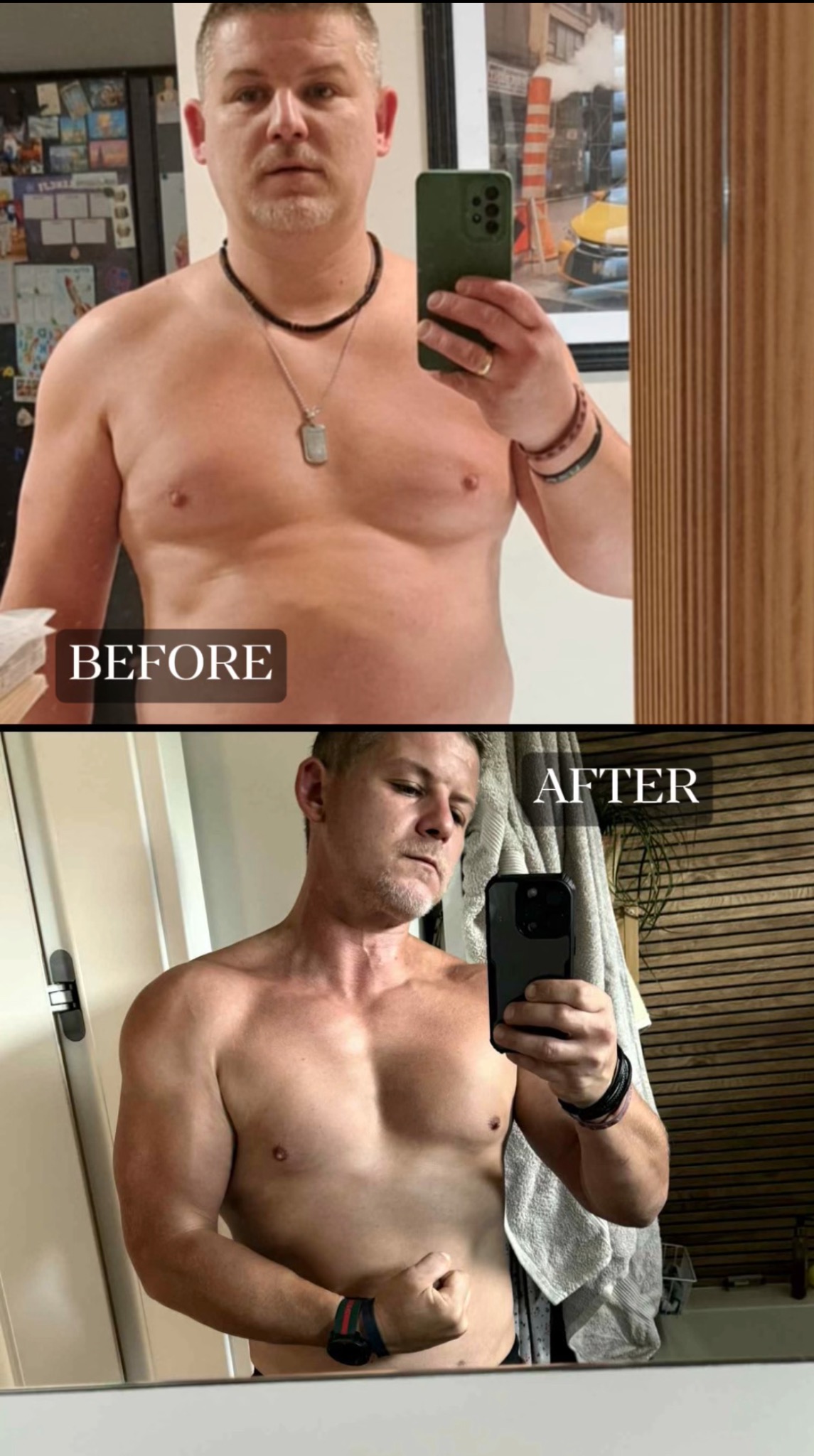 Mężczyzna przed i po treningu, ukazujący transformację sylwetki. Porównanie 'before' z 'after' prezentuje efekty ćwiczeń i zmianę w wyglądzie ciała.