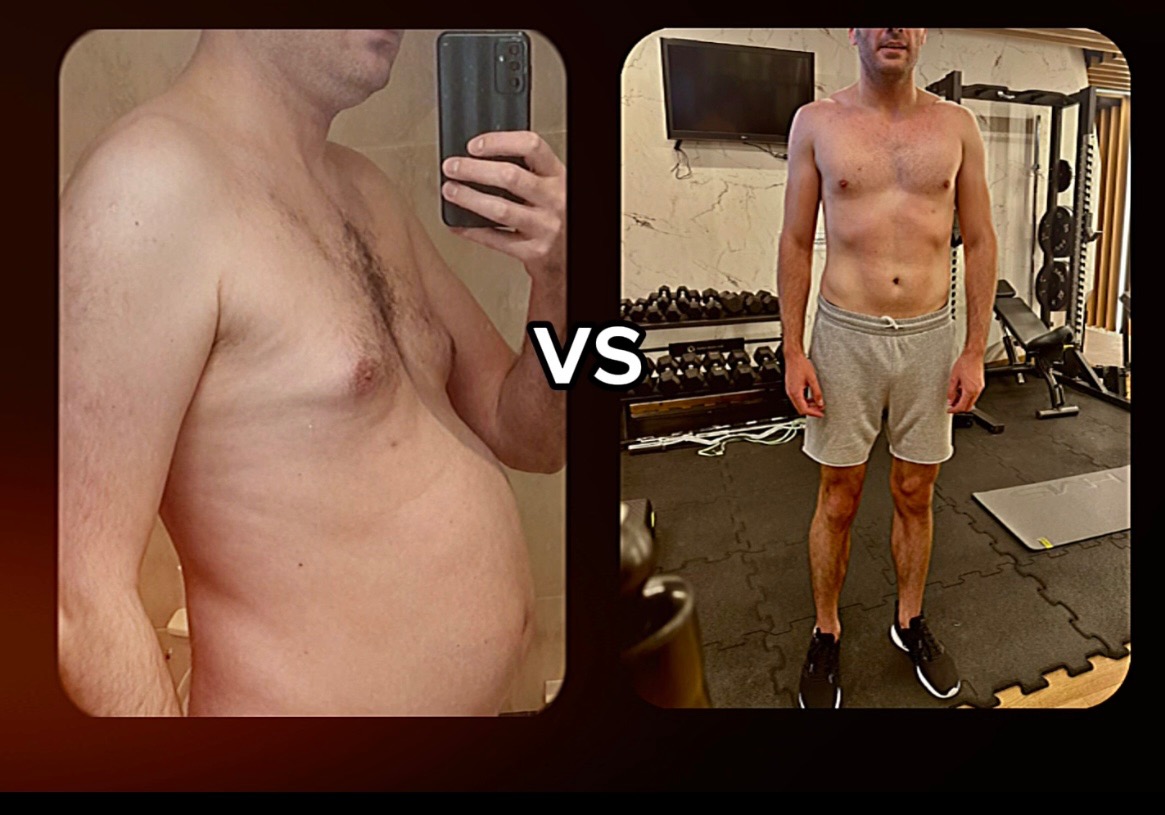 Mężczyzna prezentuje efekty treningu: zdjęcie 'przed' z boku i 'po' na tle siłowni. Widoczna zmiana sylwetki, redukcja tkanki tłuszczowej.