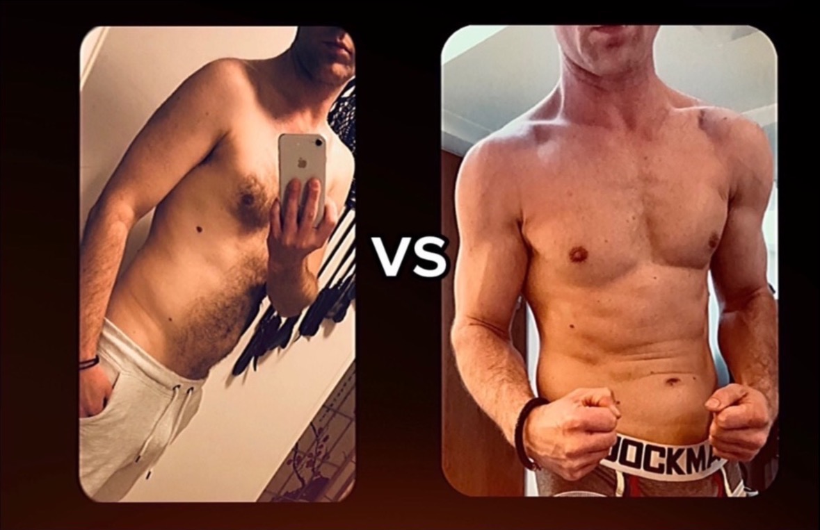 Mężczyzna przed i po treningu: po lewej stronie sylwetka przed, z telefonem w ręku, po prawej stronie widoczna poprawa muskulatury i redukcja tkanki tłuszczowej.