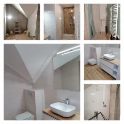 Kolaż zdjęć z remontu łazienki na poddaszu: widok przed i po, z elementami glazury, instalacji i gotowej armatury.