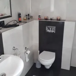 Nowoczesna łazienka z biało-czarnymi płytkami, umywalką z chromowaną baterią, podwieszaną toaletą i szarym dywanikiem. Na blacie nad toaletą ustawione dekoracje.