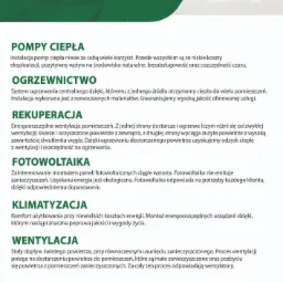 Folder reklamowy firmy Instal Slim z ofertą pomp ciepła, ogrzewnictwa, rekuperacji, fotowoltaiki, klimatyzacji i wentylacji, zawierający logo i dane kontaktowe.