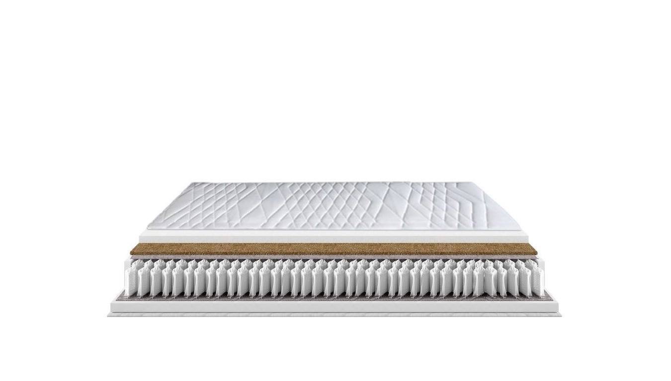 Przekrój materaca z widocznymi warstwami: pikowana tkanina, warstwa kokosowa i sprężyny kieszeniowe.