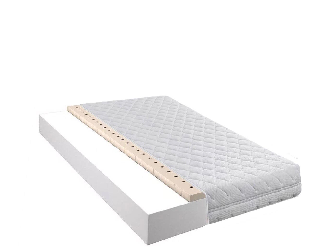 Przekrój materaca z widoczną warstwą pianki, drewnianą ramą z otworami wentylacyjnymi i pikowaną powierzchnią, na białym tle.