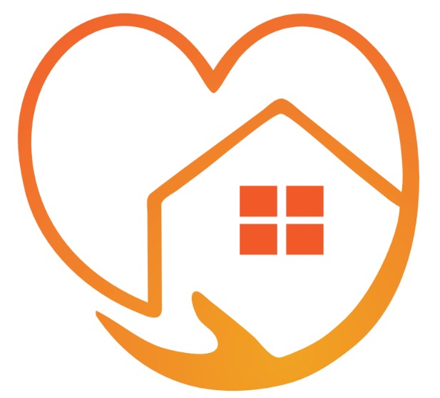 Pomarańczowy gradientowy symbol domu w sercu, podtrzymywany przez dłoń; reprezentacja graficzna opieki domowej.