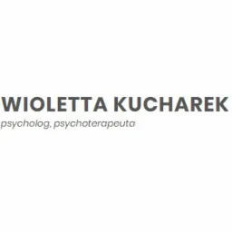 Logo firmy: Wiolleta Kucharek, z opisem 'psycholog, psychoterapeuta' poniżej, czcionka bezszeryfowa, szare tło.