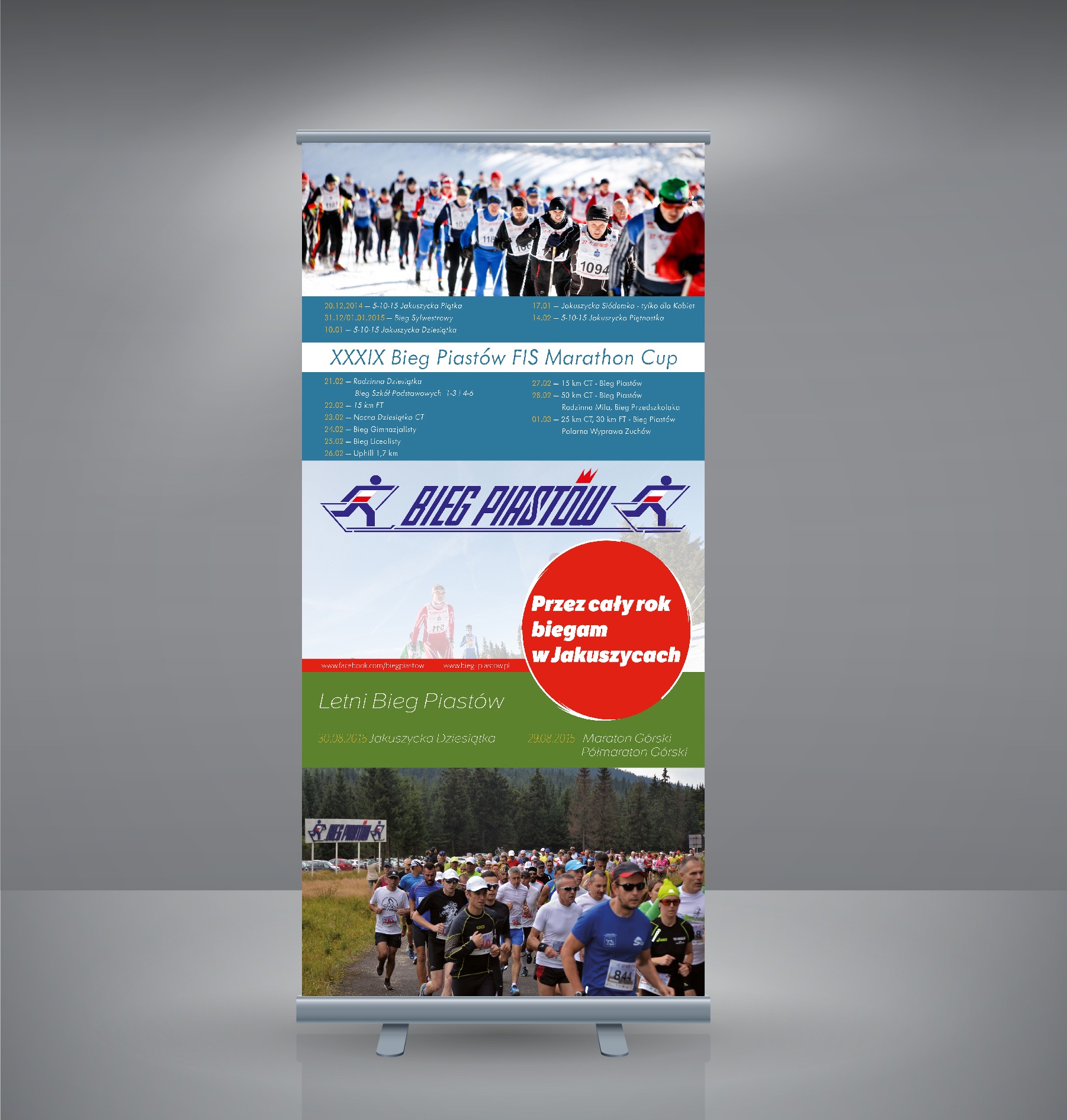 Roll-up reklamowy prezentujący zdjęcia i informacje o XXXIX Biegu Piastów FIS Marathon Cup, z detalami dotyczącymi zimowych i letnich biegów, logo imprezy oraz hasłem 'Przez cały rok biegam...