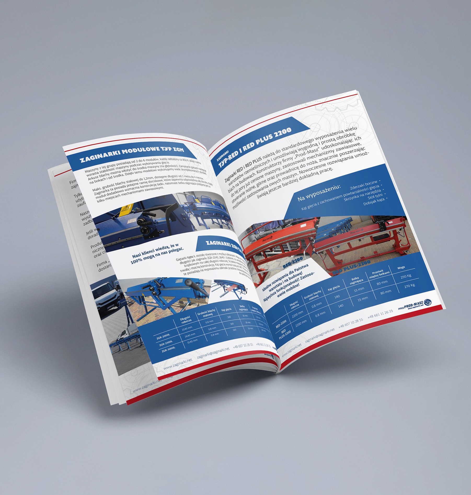 Ulotka reklamowa z informacjami o zaginarkach do blachy, prezentująca modele ZGM oraz RED i RED PLUS 2200, wraz ze specyfikacjami technicznymi i wyposażeniem.