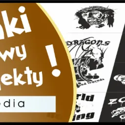 Kompozycja graficzna przedstawiająca różnorodne czarno-białe projekty rysunków i motywów na białym i czarnym tle, z brązowym gradientem i napisem 'Rysunki motywy projekty!' oraz nazwą firmy...