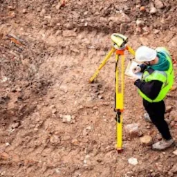 Pracownik w kasku i kamizelce mierzy teren żółtym niwelatorem na trójnogu, notując dane na kartce. Ujęcie z góry ukazuje wykop z cegłami i ziemią.