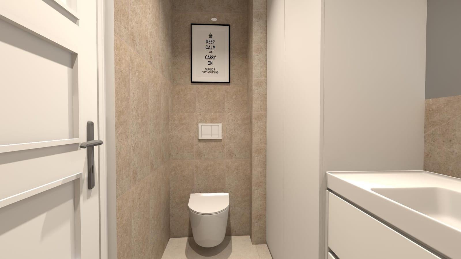 Nowoczesna łazienka z beżowymi płytkami, wiszącą toaletą, białym zlewem z szafkami i plakatem 'Keep Calm and Carry On'.