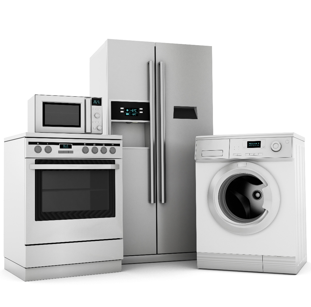 Zestaw białych urządzeń AGD: lodówka side-by-side z wyświetlaczem, pralka automatyczna, piekarnik elektryczny z płytą i mikrofalówka, na jednolitym białym tle.
