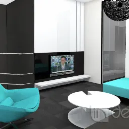 Wizualizacja nowoczesnego salonu z turkusowym fotelem obrotowym, czarnymi panelami ściennymi i telewizorem z białym blatem pod spodem, okrągłym stolikiem kawowym i czarną lampą wiszącą.